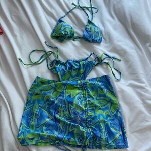 SHEIN Blue & Green Swirl Triangle Bikini Set with Skirt